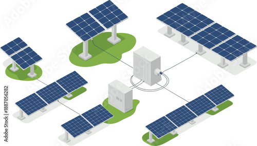 Isometric solar power plant network with photovoltaic panels and inverter system, renewable energy generation, clean electricity infrastructure illustration