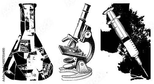 Scientific Lab Equipment Set Flask, Microscope, and Syringe in Graphic Style