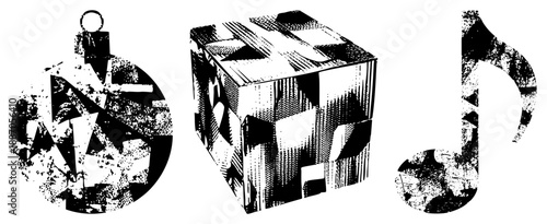 Abstract Geometric Symbols with Halftone Texture in Black and White