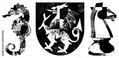 Vintage Halftone Sea Horse, Dragon, Chess Knight Vector Set