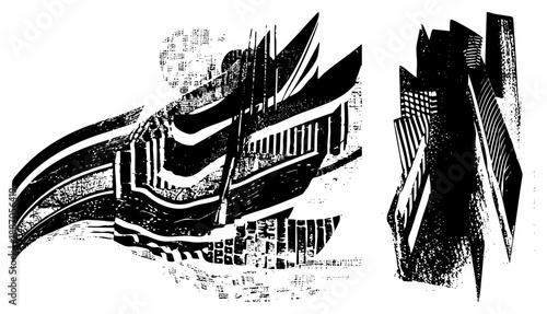 Abstract Geometric Sculpture with Bold Angular Forms and Halftone Texture