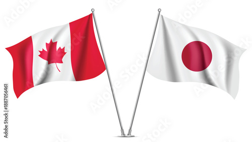 High Quality background with Two Standings Wavy Flags of Canada and Japan