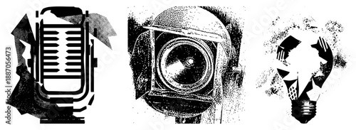 Vintage Microphone, Speaker, and Lightbulb in Halftone Vector Design