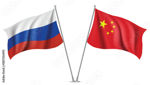 High Quality background with Two Standings Wavy Flags of Russia and China