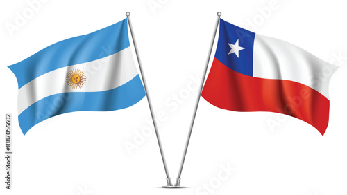 High Quality background with Two Standings Wavy Flags of Chile and Argentina