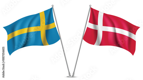 High Quality background with Two Standings Wavy Flags of Denmark and Sweden