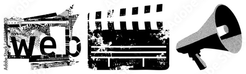 Web Browser, Film Clapperboard, and Megaphone in Grunge Halftone Style