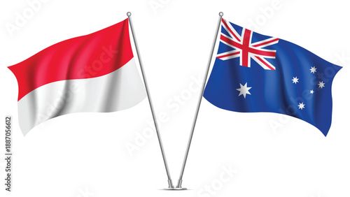 High Quality background with Two Standings Wavy Flags of Australia and Indonesia