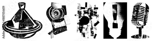 Vintage Microphone, Camera, Lightbulb, Camera Lens, and Teapot Set