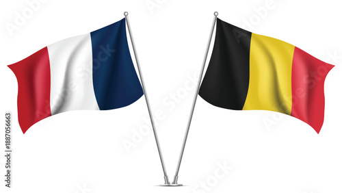 High Quality background with Two Standings Wavy Flags of Belgium and France