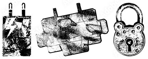 Vintage Electrical Plug, Puzzle Piece, and Padlock Vector