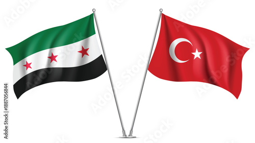 High Quality background with Two Standings Wavy Flags of Turkey and Syria
