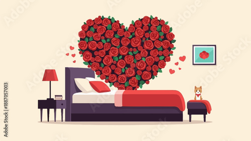 A bedroom decorated with a heart-shaped rose arrangement and a small dog