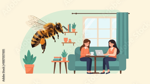A bee flies into a room where two women are working on laptops