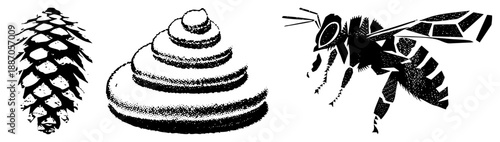 Pinecone, Poop, and Bee Vector in Halftone Style