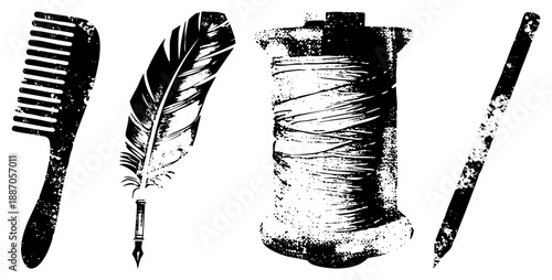 Vintage Writing & Crafting Tools in Grunge Vector Illustration