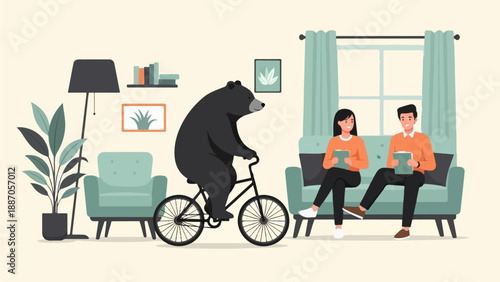 A bear rides a bicycle indoors while a couple watches from a couch