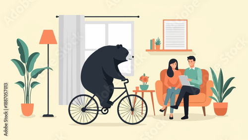 A bear rides a bicycle in a living room while a couple sits on a couch