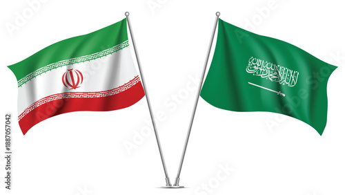 High Quality background with Two Standings Wavy Flags of Iran and Saudi Arabia