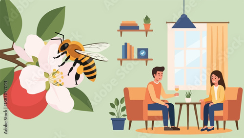 A bee pollinates a flower while a couple relaxes indoors