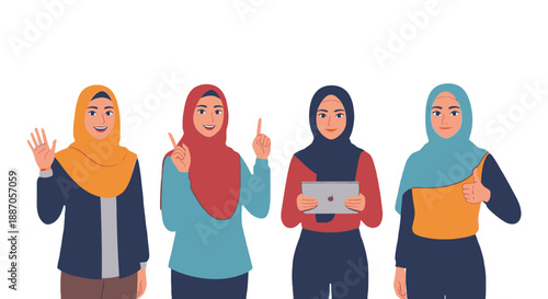 Diverse group of four happy Muslim women wearing hijabs.