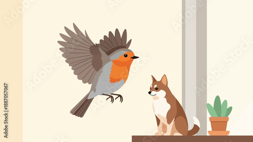 A bird in flight is observed by a curious dog next to a potted plant