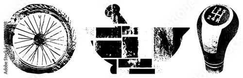 Vintage Bicycle Wheel, Teapot, and Car Gear Shift Knob Silhouettes