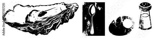 Oyster, Spoon, Plate, Salt Shaker Black and White Kitchen