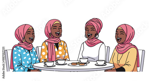 Four Muslim women in hijabs laughing together around a table.