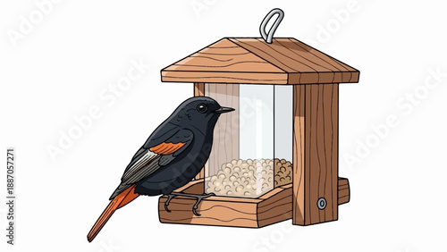 A black bird with orange wing patches perches on a wooden bird feeder