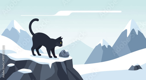 A black cat curiously inspects a cracked rock on a snowy cliff edge