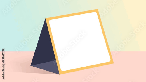 A blank easel with a white surface and a yellow border sits on a pink and blue background