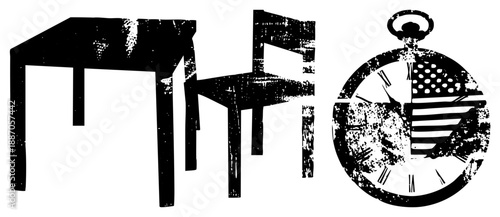 Vintage Pocket Watch with American Flag Design and Wooden Table Chair Set