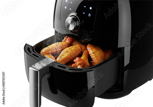 sleek black air fryer with metallic knob showing steaming, crispy golden chicken wings dusted with green herbs in a partially pulled basket, isolated against a pure white background. concept for food