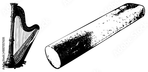 Vintage Harp and Cylinder Phonograph Record Vector Illustration