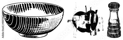 Vintage Textured Bowl, with Core, and Pepper Mill in Halftone Vector Style