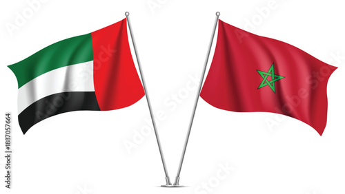 High Quality background with Two Standings Wavy Flags of Morocco and UAE