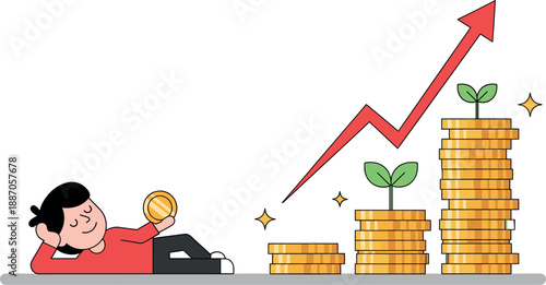 Man lying down and relaxing while watching financial growth and coin investment
