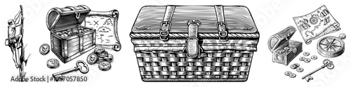 Vintage Treasure Chests with Gold Coins, Keys, and Pirate Maps