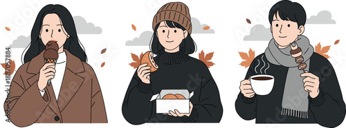 People enjoying hot and cold street foods in autumn illustration