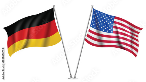 High Quality background with Two Standings Wavy Flags of USA and Germany
