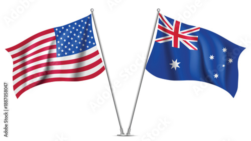 High Quality background with Two Standings Wavy Flags of USA and Australia