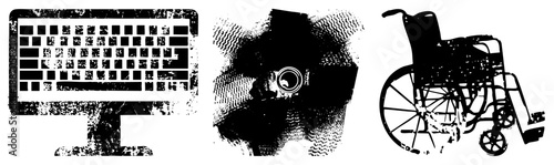 Grunge Styled Computer Keyboard, Smartwatch, and Wheelchair