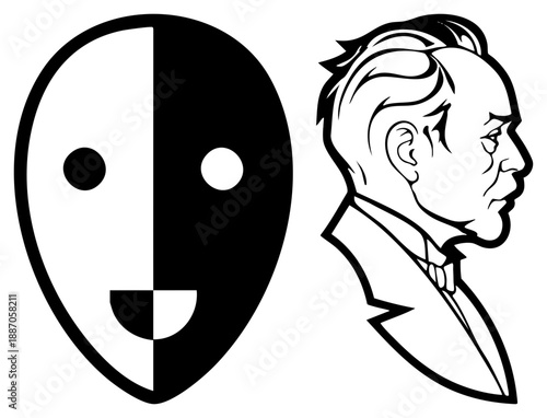 Yin Yang Mask and Vintage Gentleman Portrait Vector