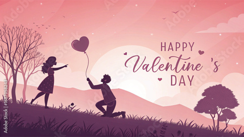 Romantic Valentine's Day Silhouette: A heartwarming illustration captures a tender moment between a couple, a man presenting a heart-shaped balloon to his beloved under a romantic sunset sky.