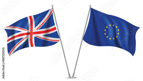 High Quality background with Two Standings Wavy Flags of EU and UK