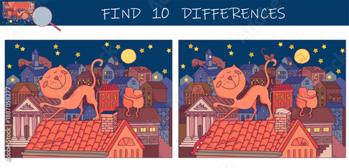 Find the differences game. Cats on the roofs of city houses at night. Sketch vector illustration.