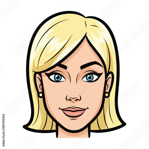 Cartoon illustration of a smiling blonde woman with blue eyes