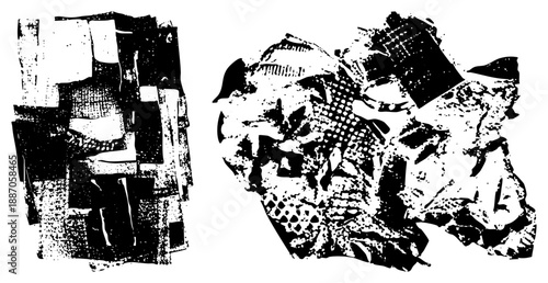 Abstract Black and White Textured Collage with Halftone and Geometric Fragments