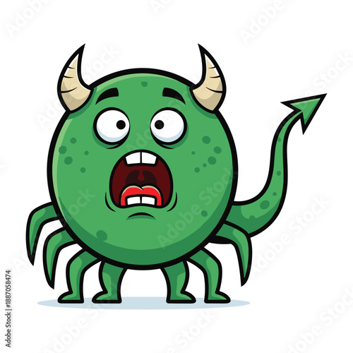 Cartoon green monster with horns and tail